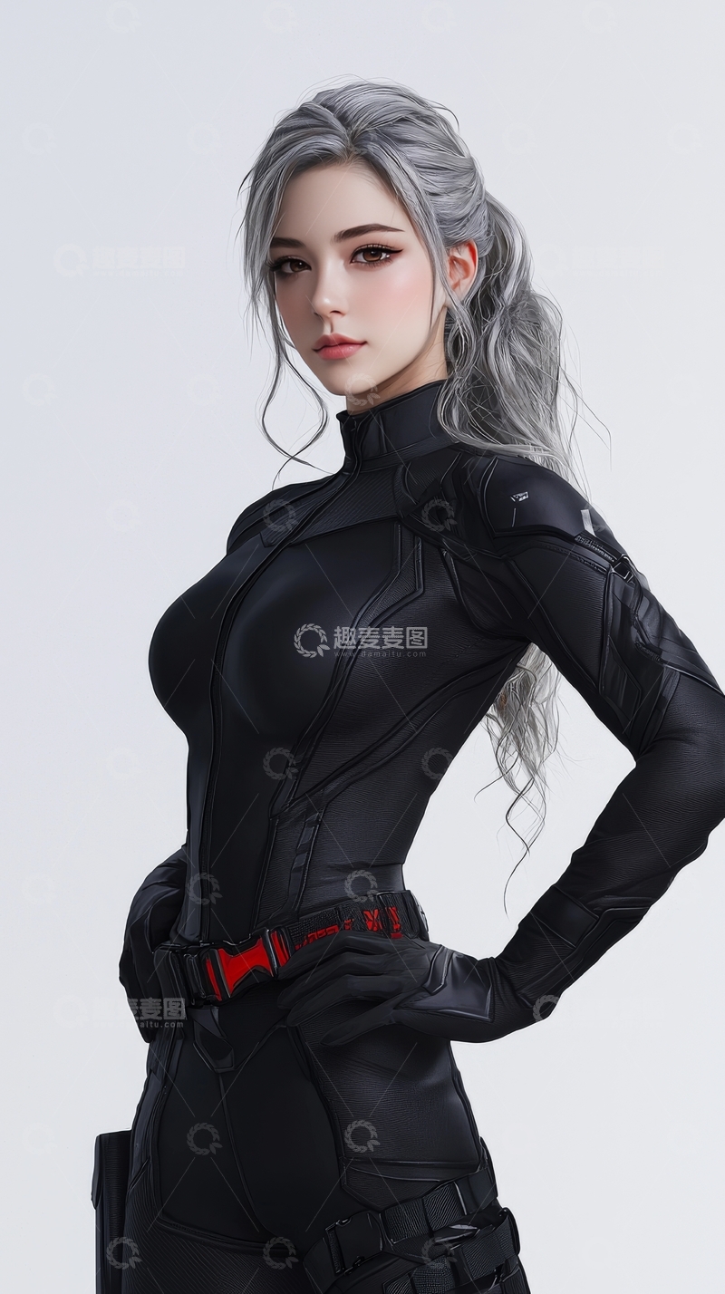 高清大图下载【趣麦麦图】身穿黑色紧身衣的银发女性