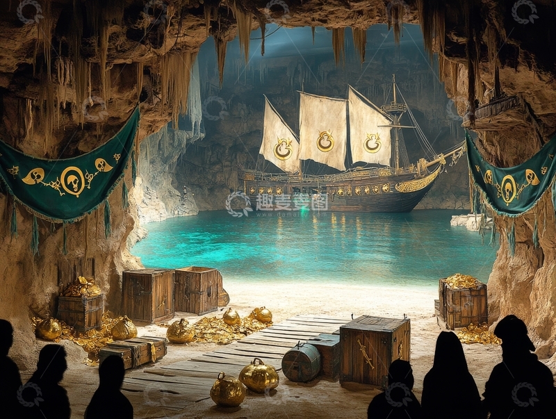 高清大图下载【趣麦麦图】洞穴宝藏与停泊帆船