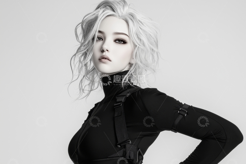 高清大图下载【趣麦麦图】黑白背景下穿着黑色紧身衣的女性