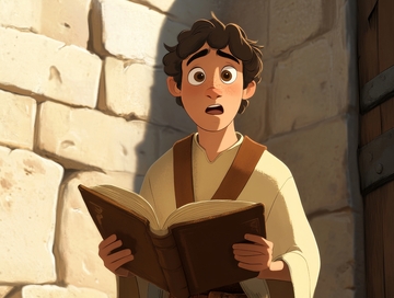 少年在石墙旁阅读书籍