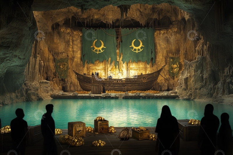 高清大图下载【趣麦麦图】洞穴中的神秘船与宝藏