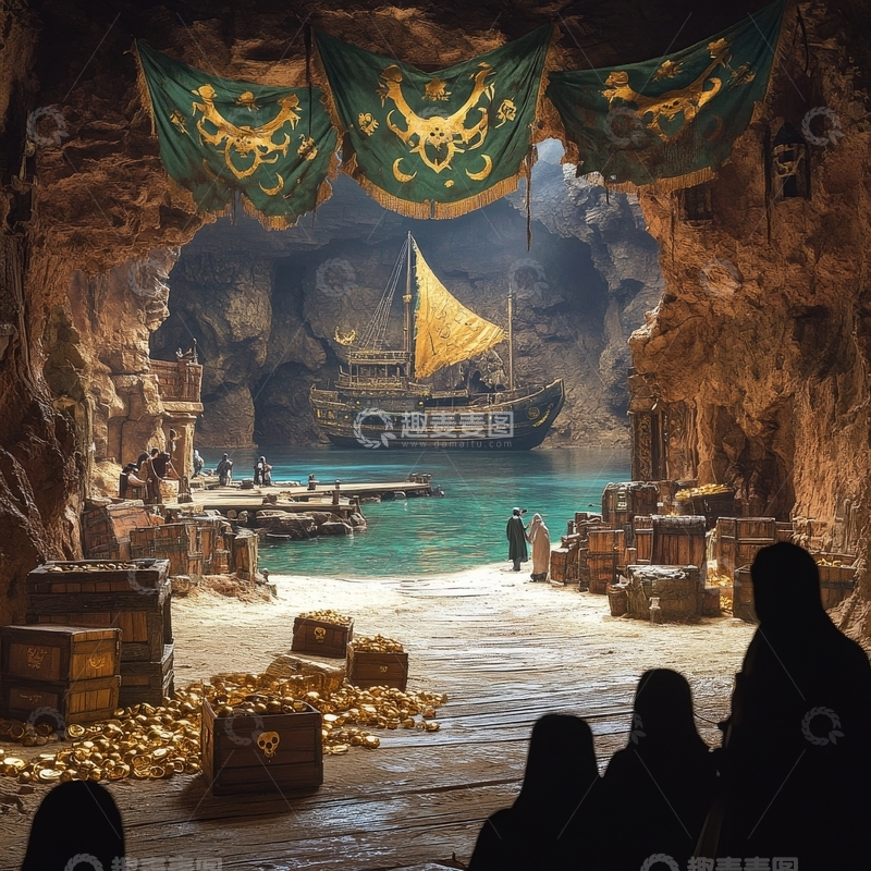 高清大图下载【趣麦麦图】洞穴中的海盗宝藏与帆船