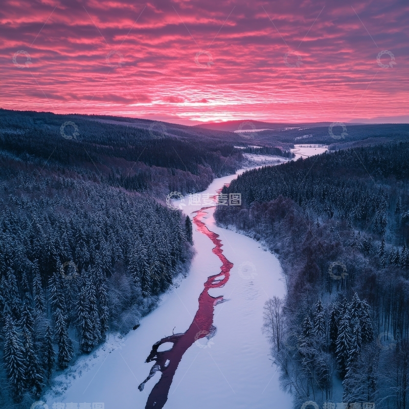 高清大图下载【趣麦麦图】冬日雪林中的蜿蜒河流