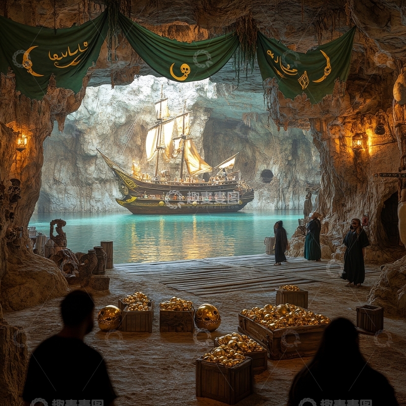 高清大图下载【趣麦麦图】洞穴中的宝藏与帆船