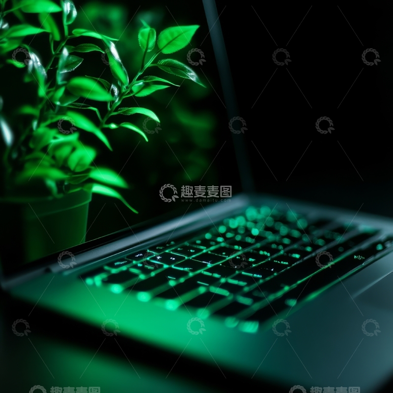 高清大图下载【趣麦麦图】绿色灯光下的笔记本电脑与植物