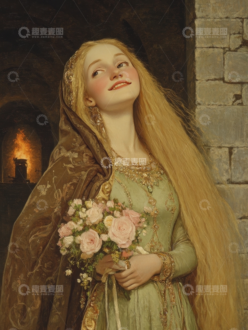 高清大图下载【趣麦麦图】中世纪女子手持花束，仰望远方