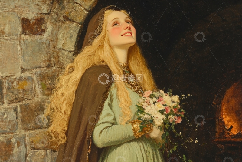 金发女子手持花束，倚墙仰望