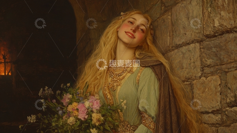 高清大图下载【趣麦麦图】中世纪女子手持花束倚墙而立