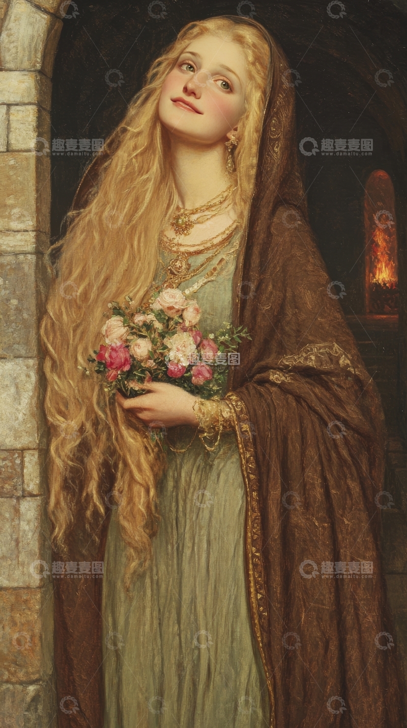 长发女子手捧花束