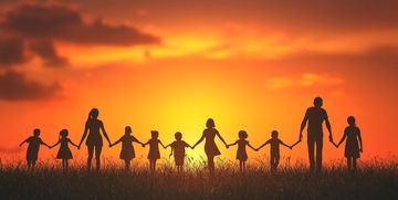 夕阳下牵手行走的家人剪影