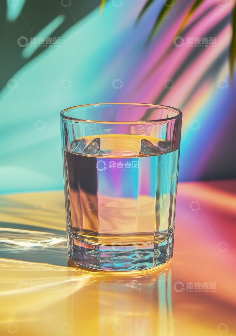 高清大图下载【趣麦麦图】色彩斑斓背景下的透明水杯