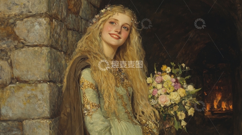 金发女子手持花束，倚靠石墙