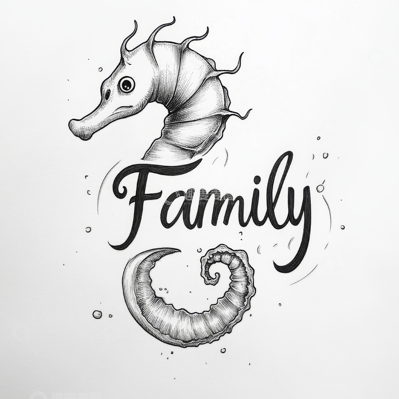 高清大图下载【趣麦麦图】海马与文字'Family'的艺术插画