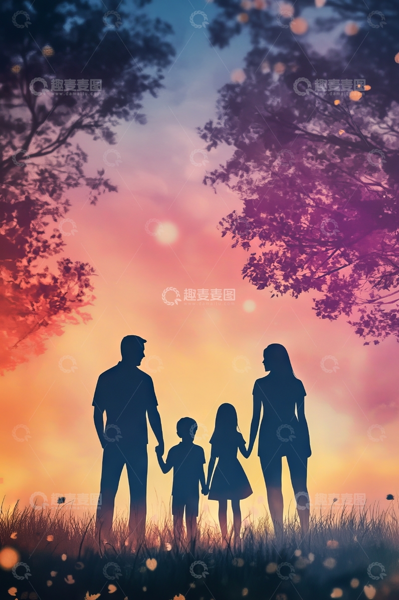 高清大图下载【趣麦麦图】夕阳下一家四口的剪影
