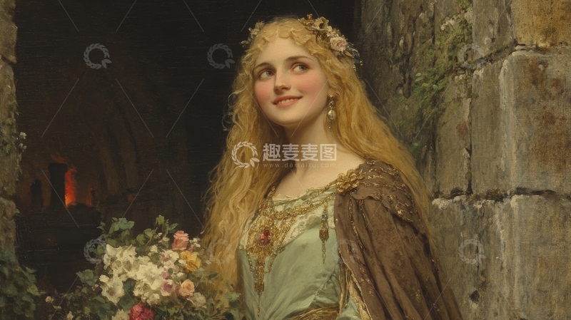 高清大图下载【趣麦麦图】金发女子身着古装，手捧花束