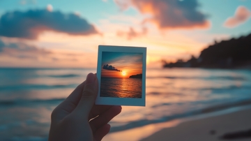 手握日落照片，海边美景映衬