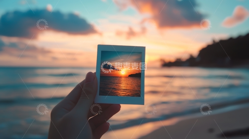 手握日落照片，海边美景映衬