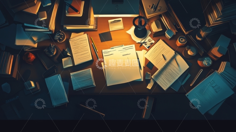 高清大图下载【趣麦麦图】杂乱书桌上的文件与书籍