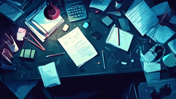 凌乱办公桌上的文件与文具