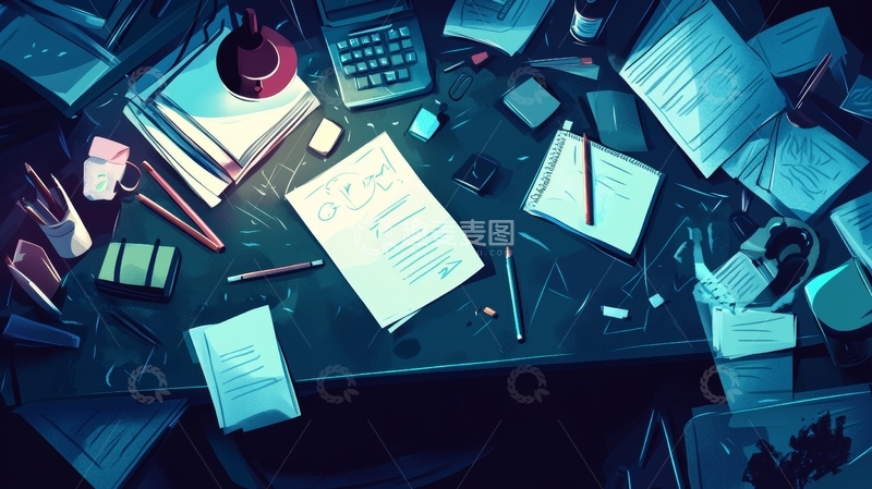 高清大图下载【趣麦麦图】凌乱办公桌上的文件与文具