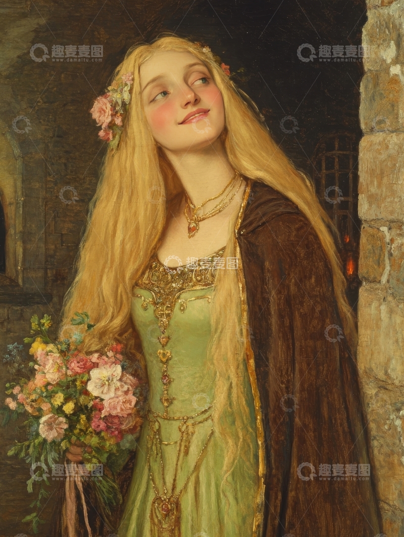 金发女子手持花束，身着复古服饰