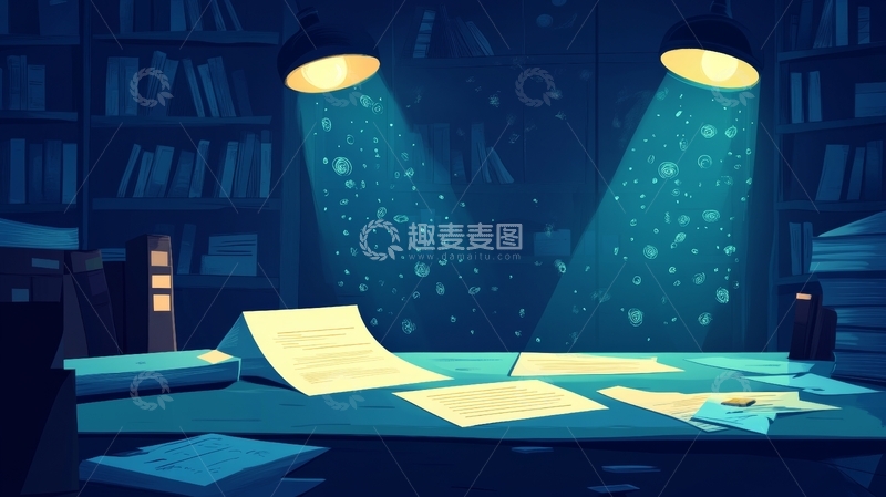 高清大图下载【趣麦麦图】书房夜景：灯光下的书桌与书籍