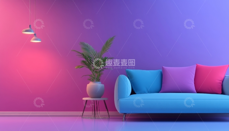 高清大图下载【趣麦麦图】现代客厅，紫色渐变墙与彩色沙发