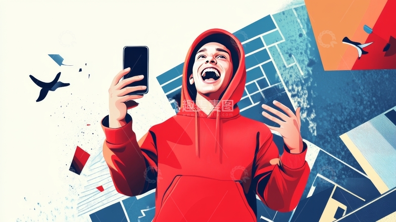 高清大图下载【趣麦麦图】穿红色连帽衫的人手持手机欢呼