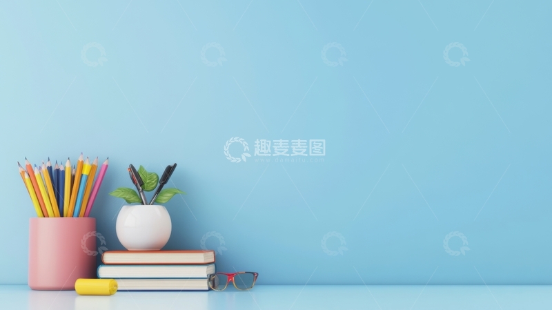 高清大图下载【趣麦麦图】书桌上的文具与绿植