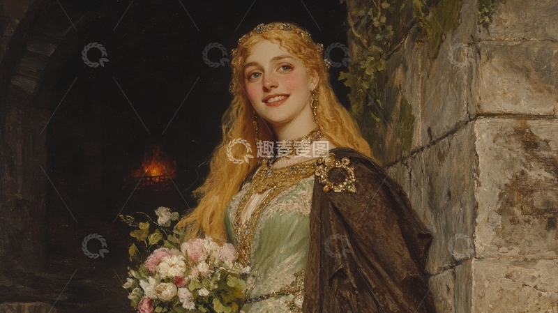 高清大图下载【趣麦麦图】金发女子身着华丽服饰手持花束