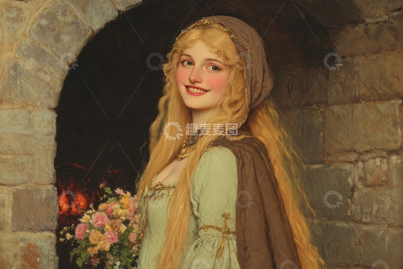 高清大图下载【趣麦麦图】金发女子身着古装，手捧花束