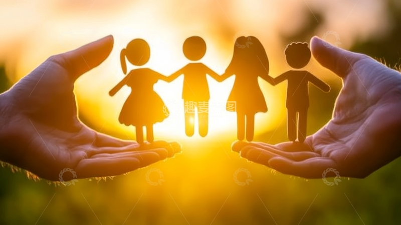 高清大图下载【趣麦麦图】双手托举剪影家庭，夕阳背景