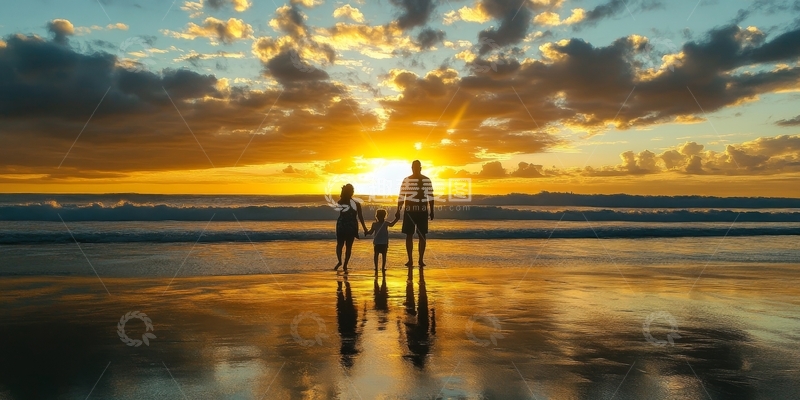 高清大图下载【趣麦麦图】夕阳海滩上的家庭剪影