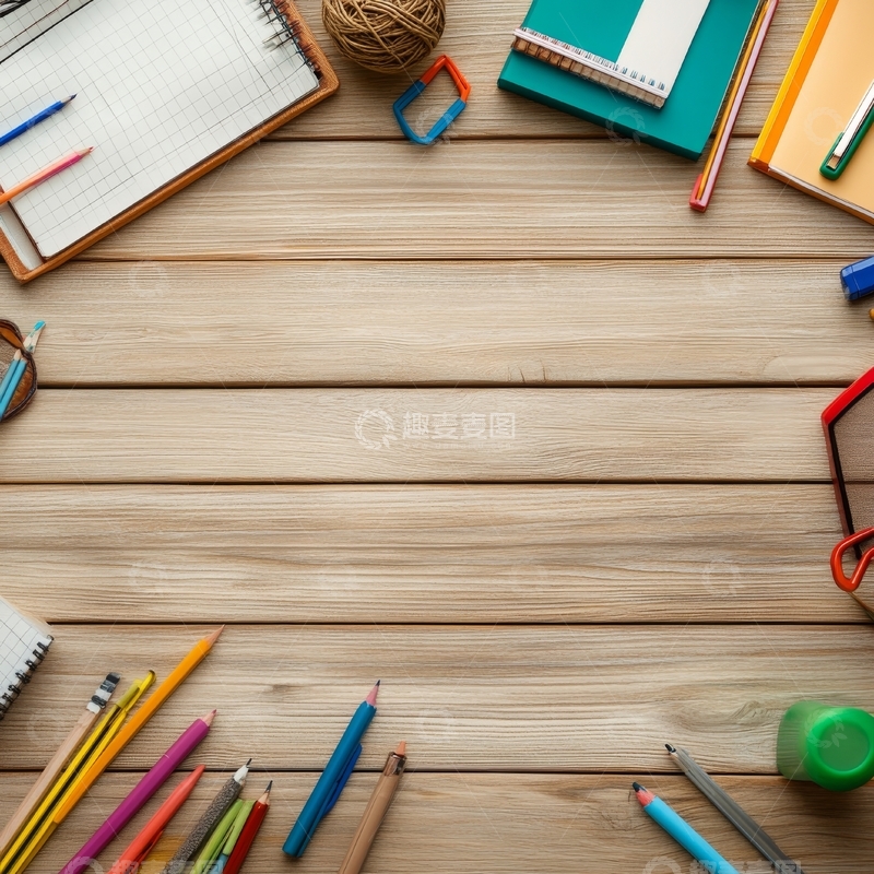 高清大图下载【趣麦麦图】木质桌面上的文具与笔记本