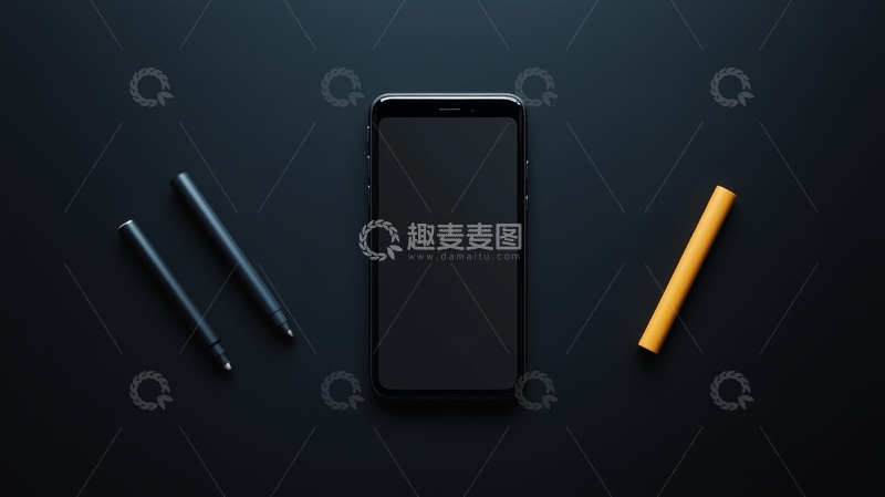 高清大图下载【趣麦麦图】黑色背景上的手机与文具