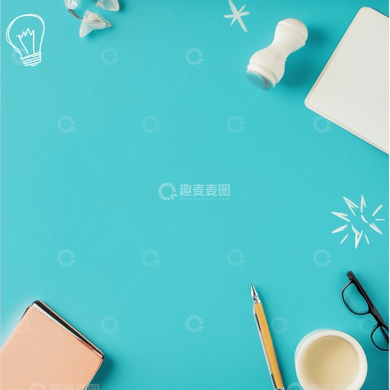 高清大图下载【趣麦麦图】蓝色背景上的办公用品与装饰