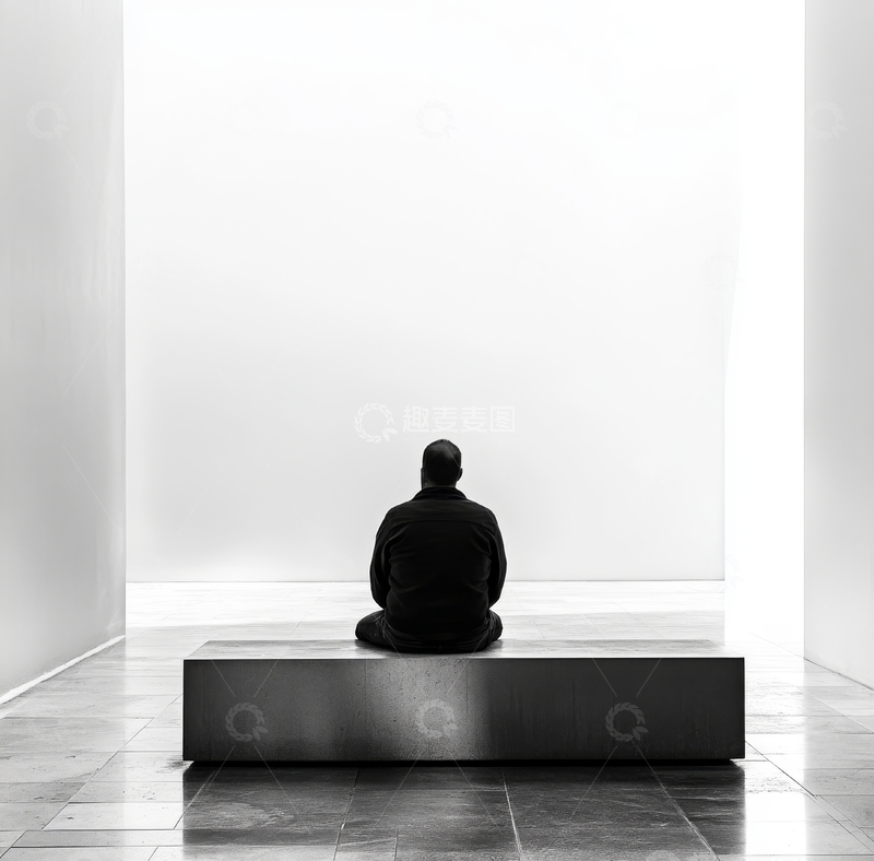 高清大图下载【趣麦麦图】独自一人坐在长凳上，面对空白墙面