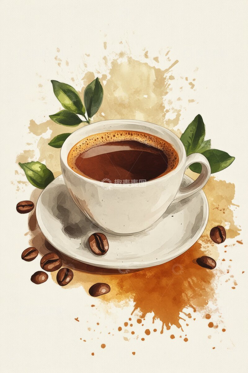 高清大图下载【趣麦麦图】热咖啡杯与咖啡豆的艺术插画