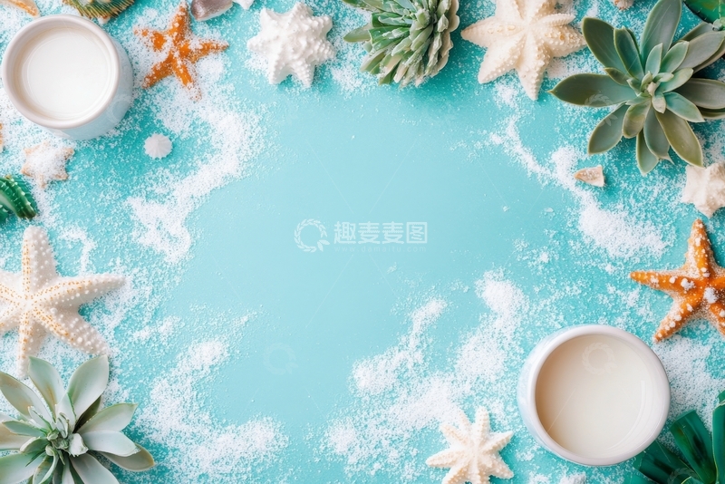 高清大图下载【趣麦麦图】蓝色背景上的海星、多肉植物与蜡烛