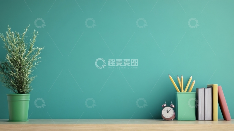 高清大图下载【趣麦麦图】简约书桌布置，绿植与文具