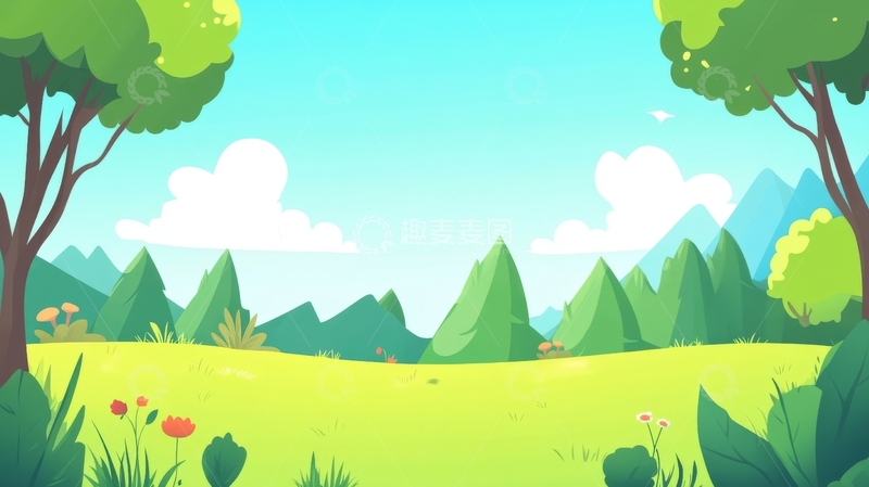 高清大图下载【趣麦麦图】卡通风格的绿色森林与山景