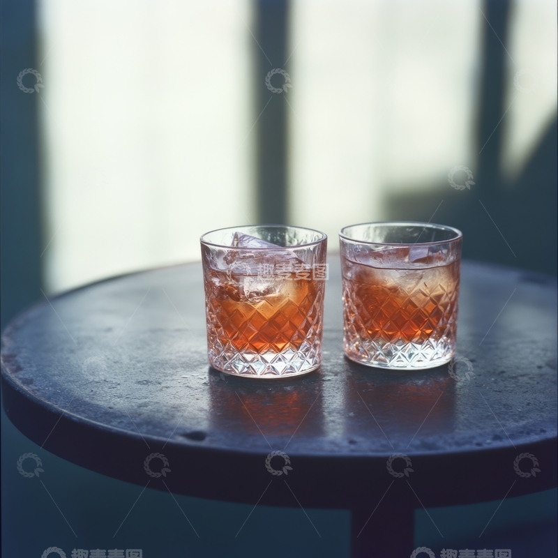 高清大图下载【趣麦麦图】两杯琥珀色饮品置于圆形桌上