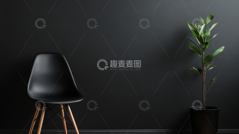 高清大图下载【趣麦麦图】黑色背景下的椅子与绿植