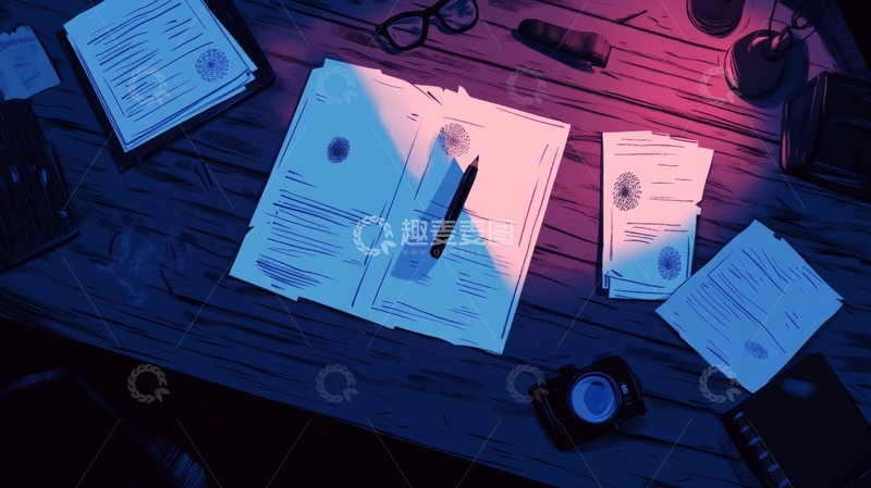 高清大图下载【趣麦麦图】-昏暗灯光下的文件与办公桌