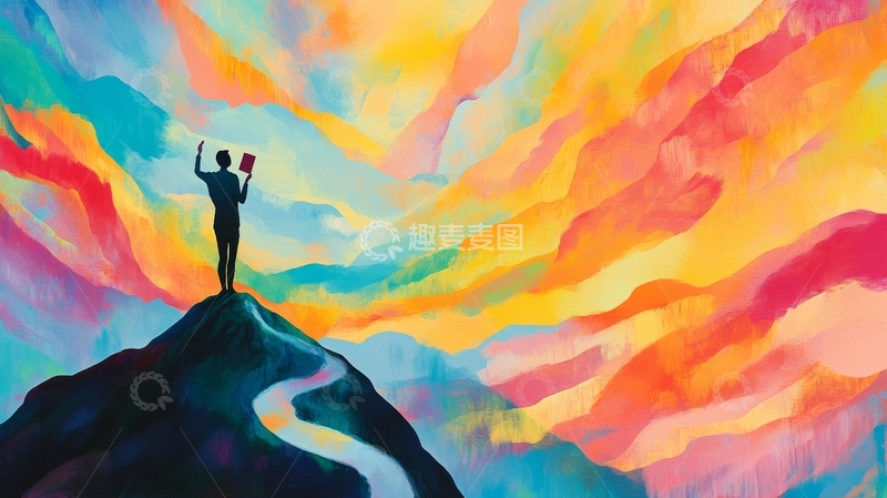 高清大图下载【趣麦麦图】山顶人物仰望多彩天空