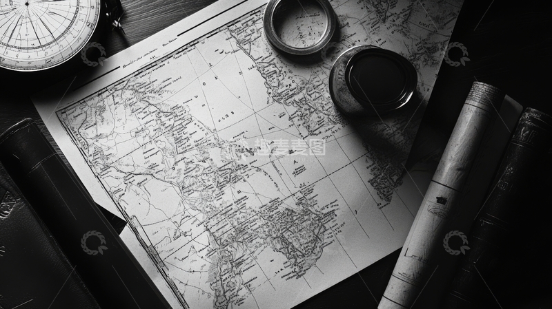 高清大图下载【趣麦麦图】复古地图与书籍的静谧组合