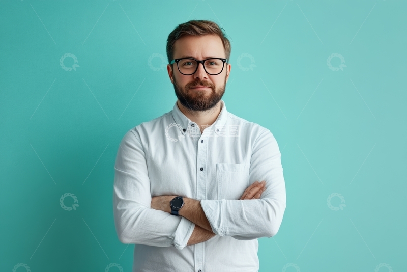 高清大图下载【趣麦麦图】戴眼镜的男子站在蓝色背景前