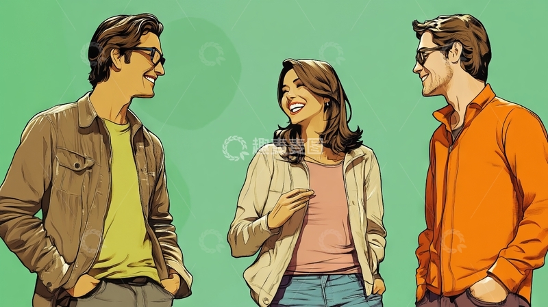 高清大图下载【趣麦麦图】三人交谈，轻松愉快