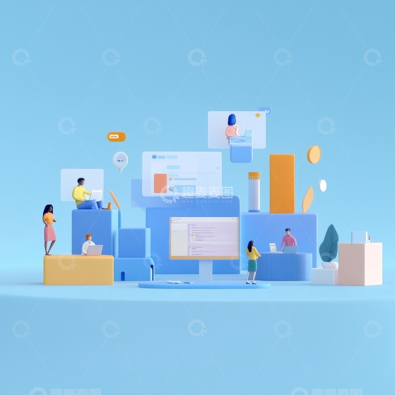 高清大图下载【趣麦麦图】微型人物在科技设备间互动