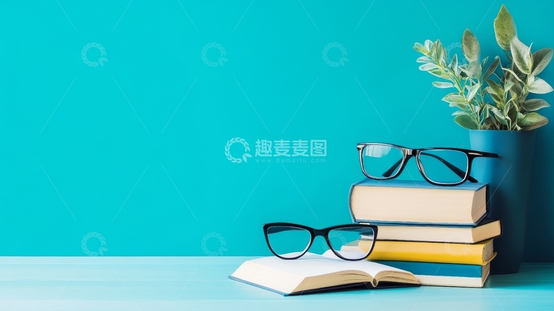 高清大图下载【趣麦麦图】书堆与眼镜，蓝背景静物
